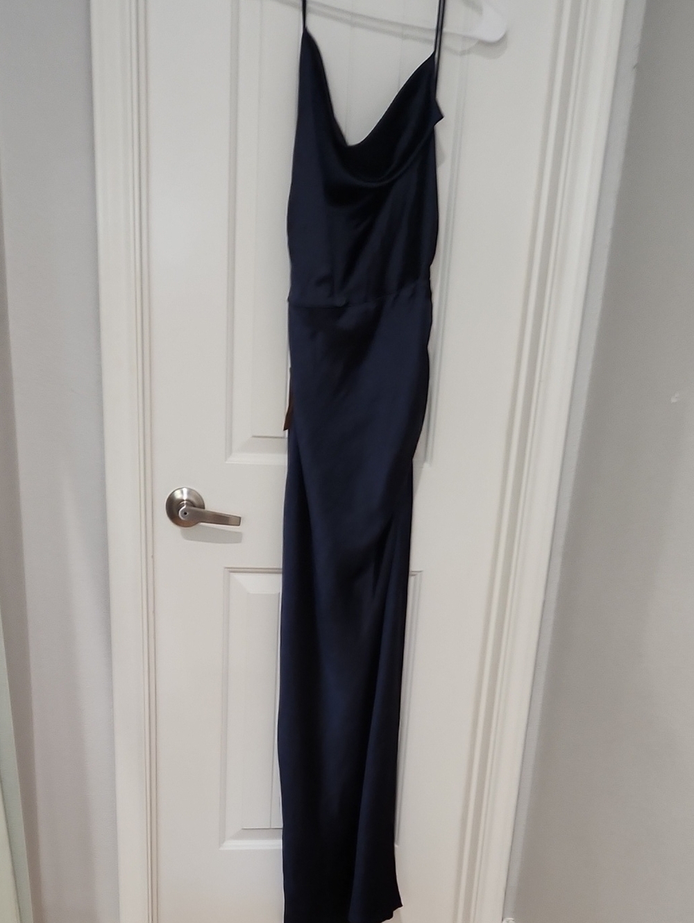 Satin Navy Cowl Neck Maxi Dress with Spaghetti Straps